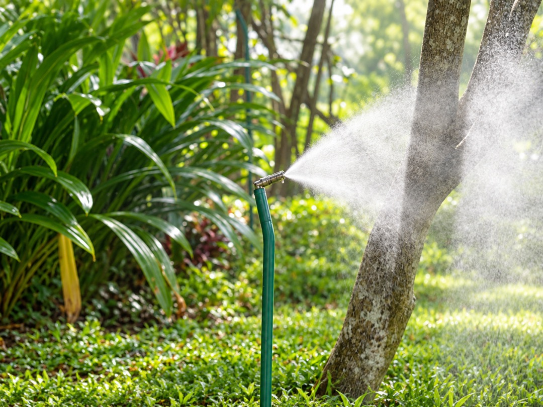 Nozzle misting system Mosquito Solution bekerja di taman tropis